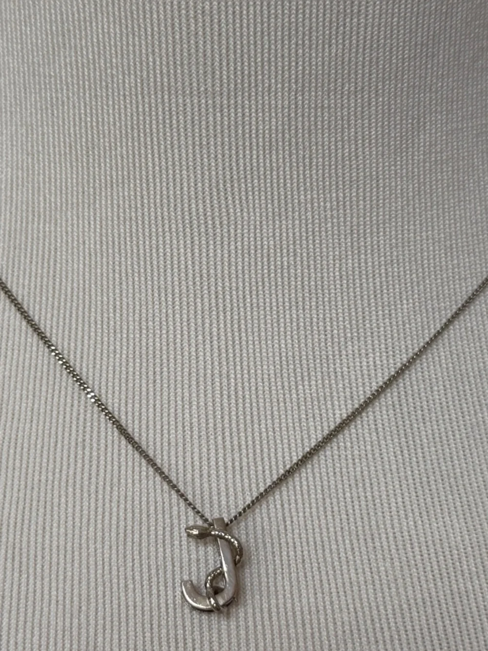 Saint Laurent YSL Sterling Silver J Initial Letter Snake Pendant Chain Necklace